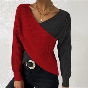 V neck red and black sweater